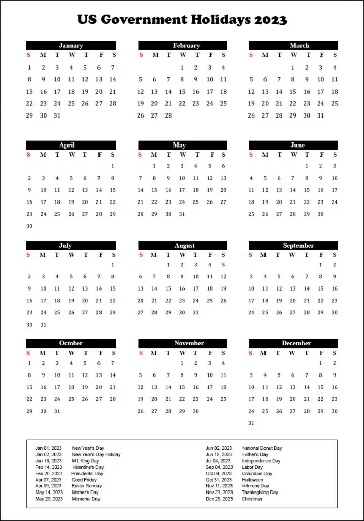 Printable Yearly Calendar With US Government Holidays 2023