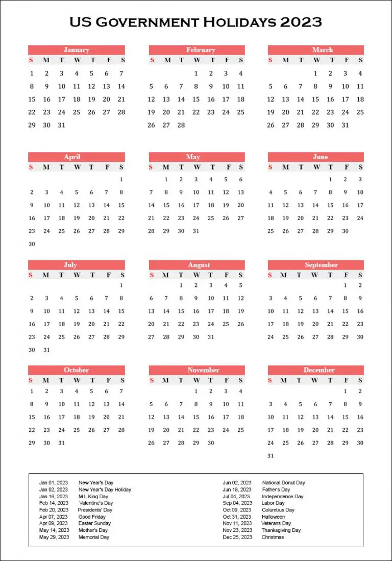 Printable Yearly Calendar with US Government Holidays 2023