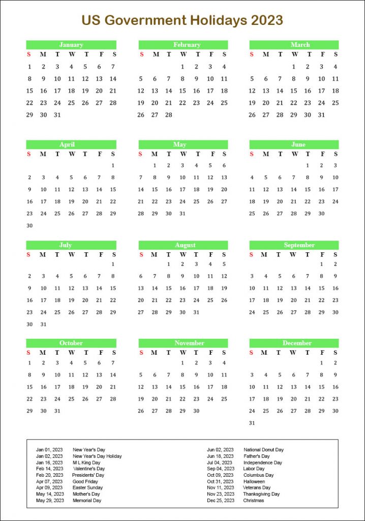 2023 Calendar with Government Holidays