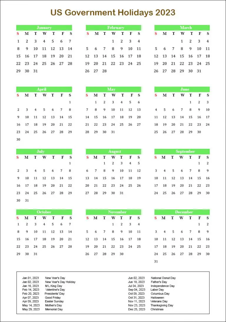 Printable Yearly Calendar with US Government Holidays 2023