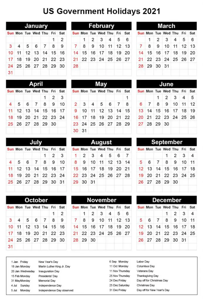 2021 Calendar with Government Holidays