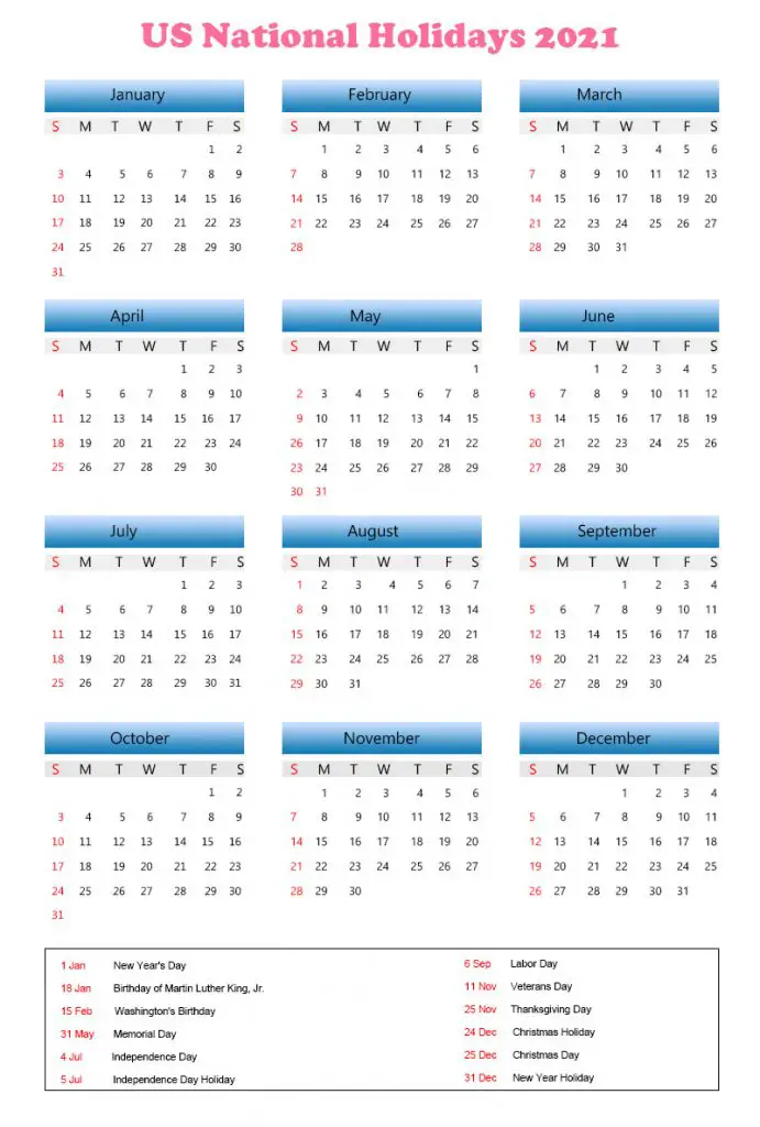 US Calendar 2021 with National Holidays