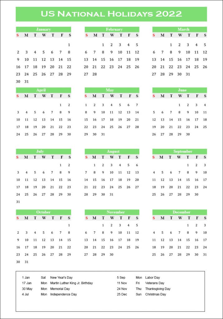 US National Holidays 2022 Calendar