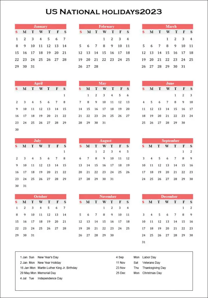 US National Holidays 2023 Calendar