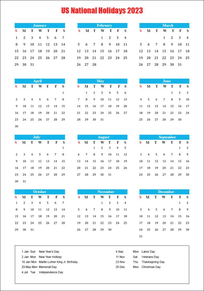 US Calendar 2023 with National Holidays