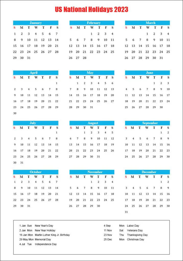 Us National Holidays 2023 Usa Calendar 2023 With National Holidays