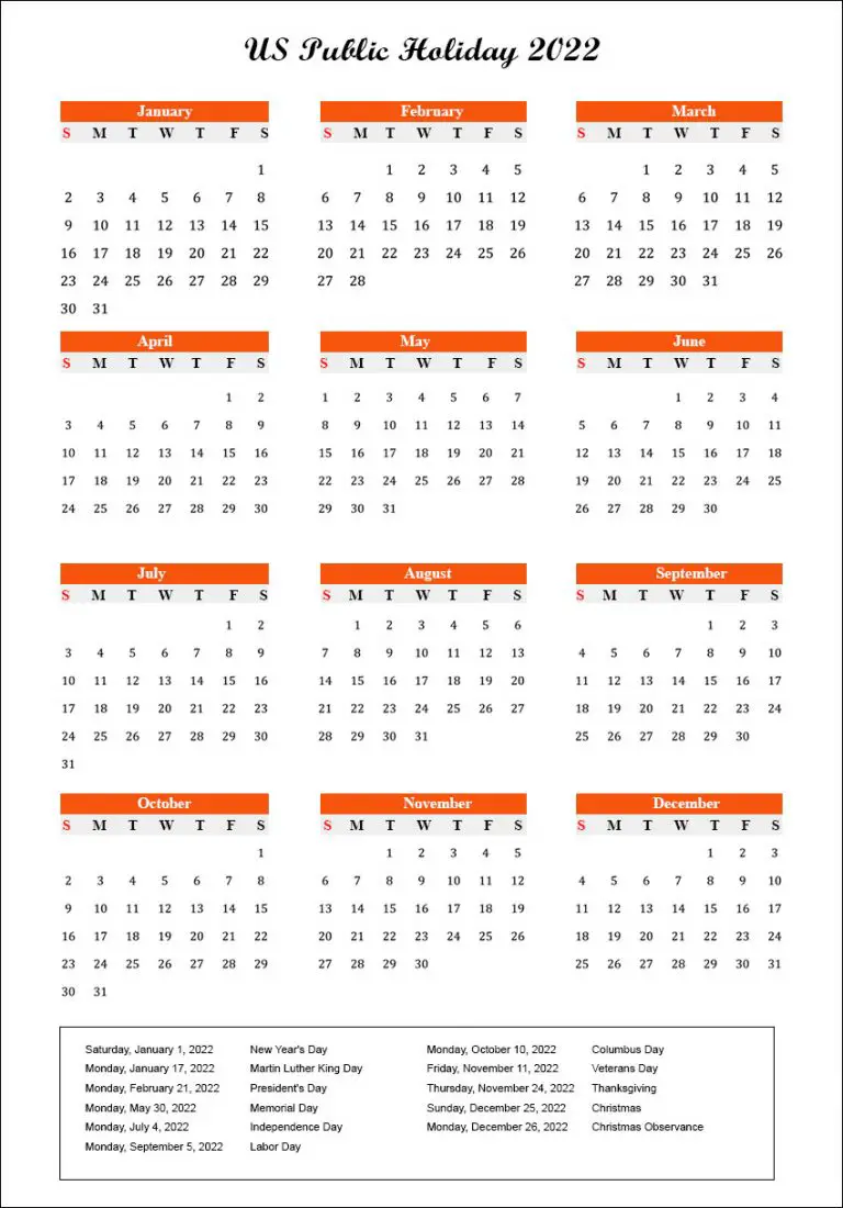 US Public Holidays 2022 with Yearly Printable Calendar