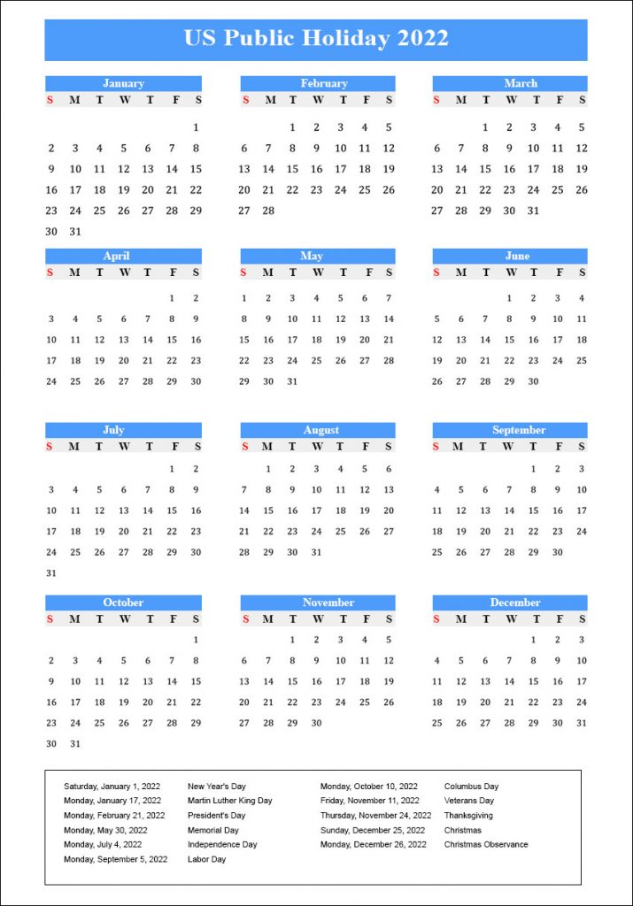 US Public Holidays 2022 Calendar