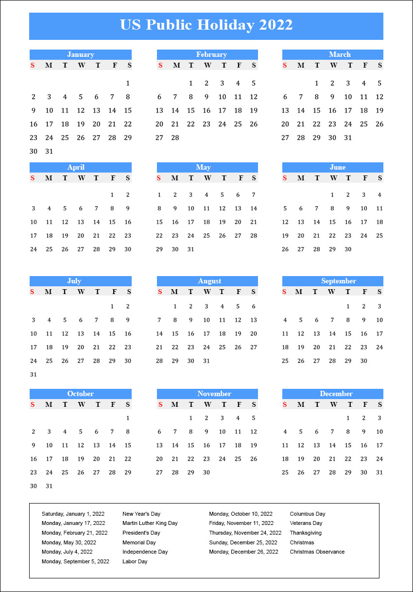 US Public Holidays 2022 with Yearly Printable Calendar