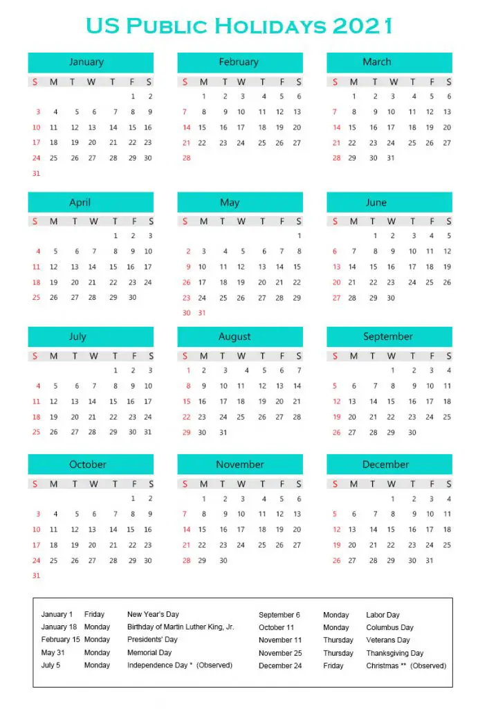 Public Holidays 2021 USA