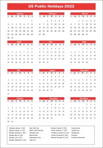 US Public Holidays 2022 with Yearly Printable Calendar