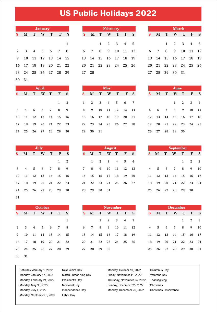 US Public Holidays 2022 with Yearly Printable Calendar