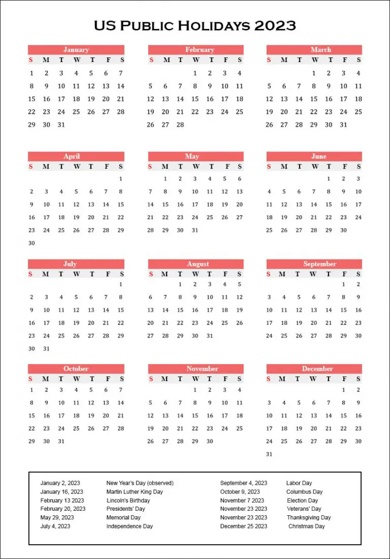 2023 word calendar us holidays Printable Calendar 2023