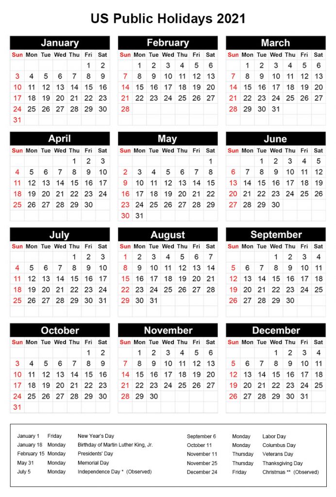 US Public Holidays 2021 Calendar