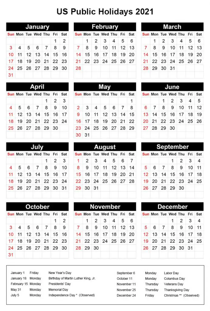 US Public Holidays 2021 Calendar