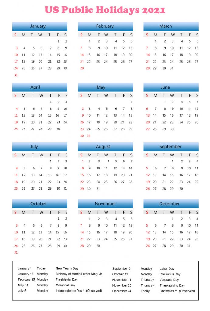  2021 Calendar With US Public Holidays