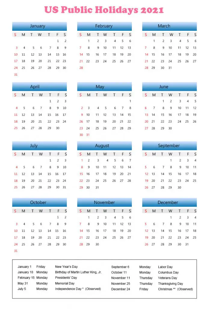  2021 Calendar With US Public Holidays