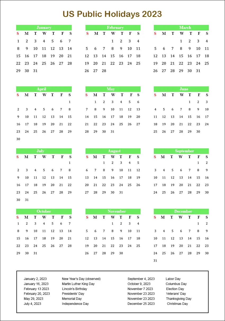 Us Public Holidays 2023 With Yearly Printable Calendar