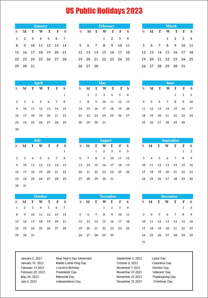 2023 Calendar With US Public Holidays