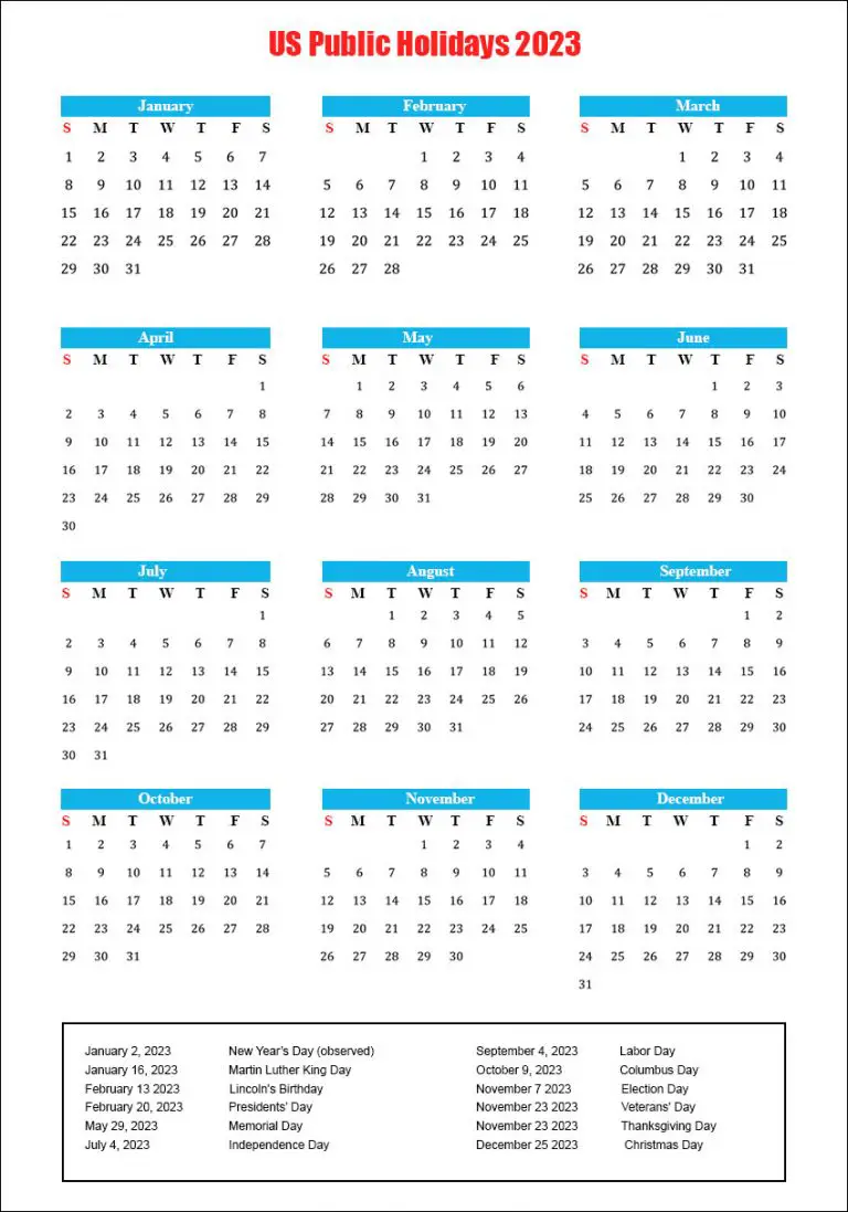 US Public Holidays 2023 with Yearly Printable Calendar