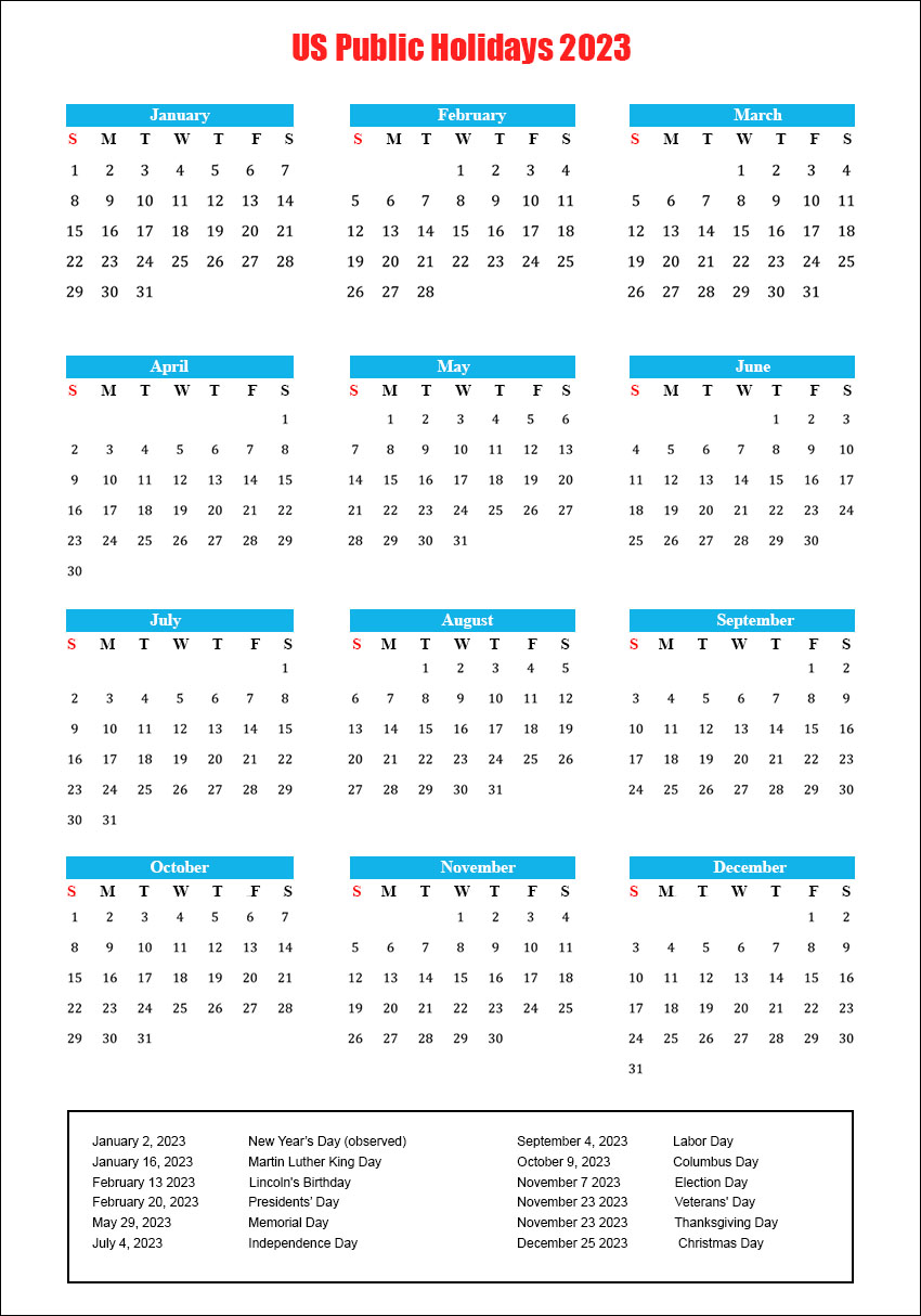 Us Public Holidays 2023 With Yearly Printable Calendar