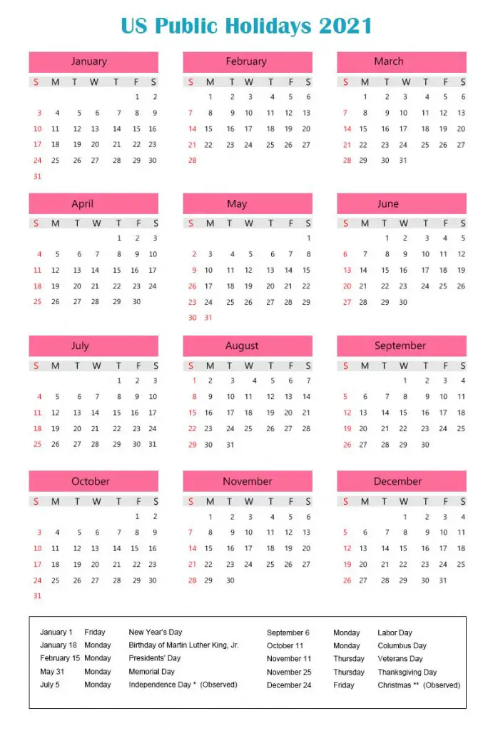 US Public Holidays 2021