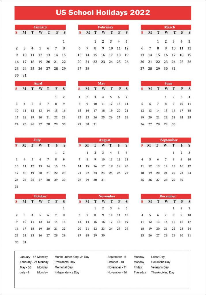 Us School Holidays 2022 Calendar American School Holidays. 