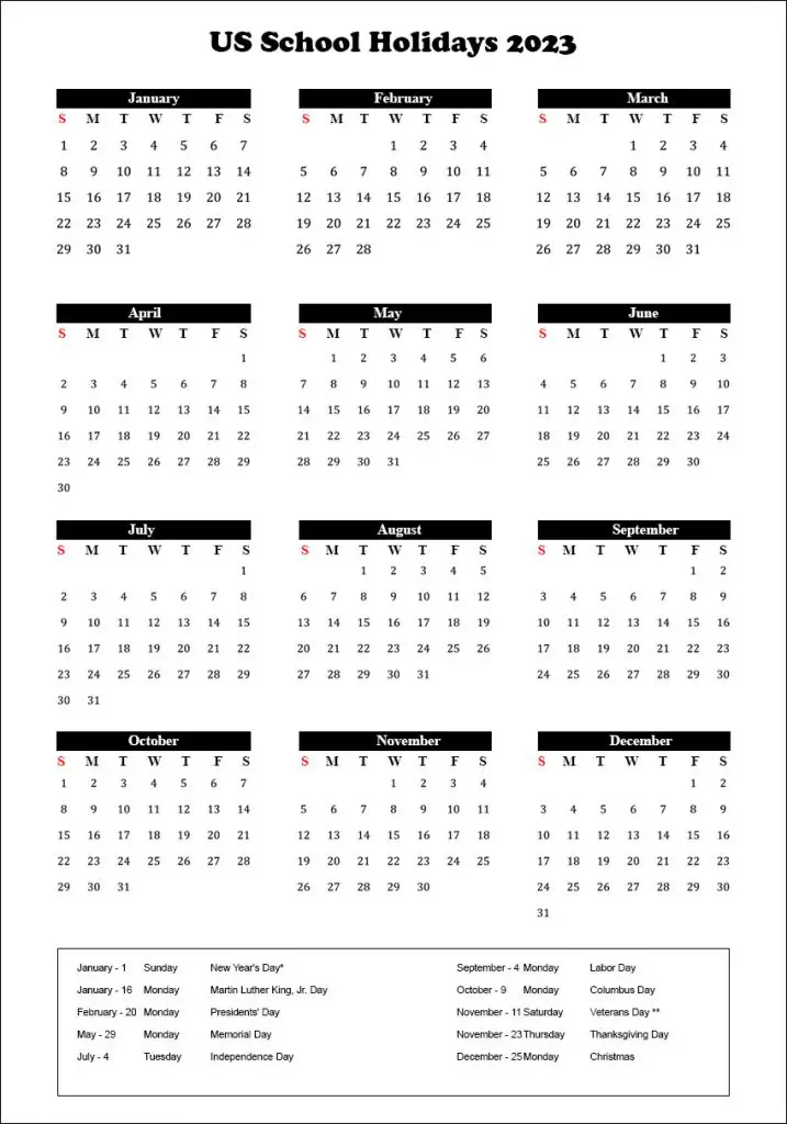 US School Holidays 2023 Calendar