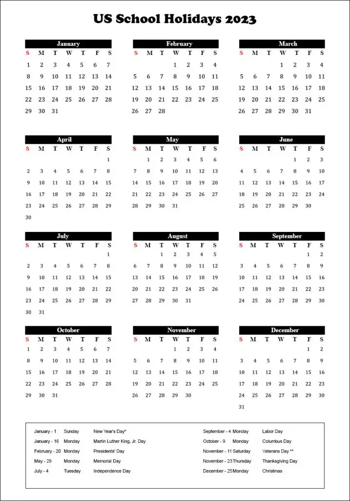 Us Calendar Holidays 2023 Us School Holidays 2023 Calendar | American School Holidays