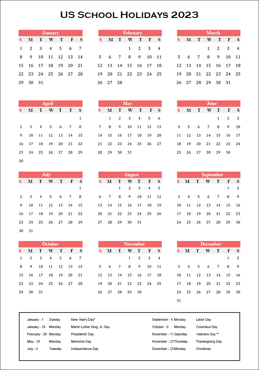 US School Holidays 2023 Calendar | American School Holidays