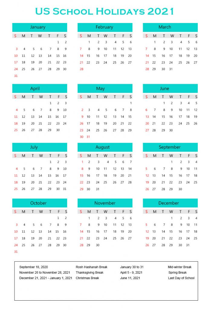 US School Holidays 2021 Calendar