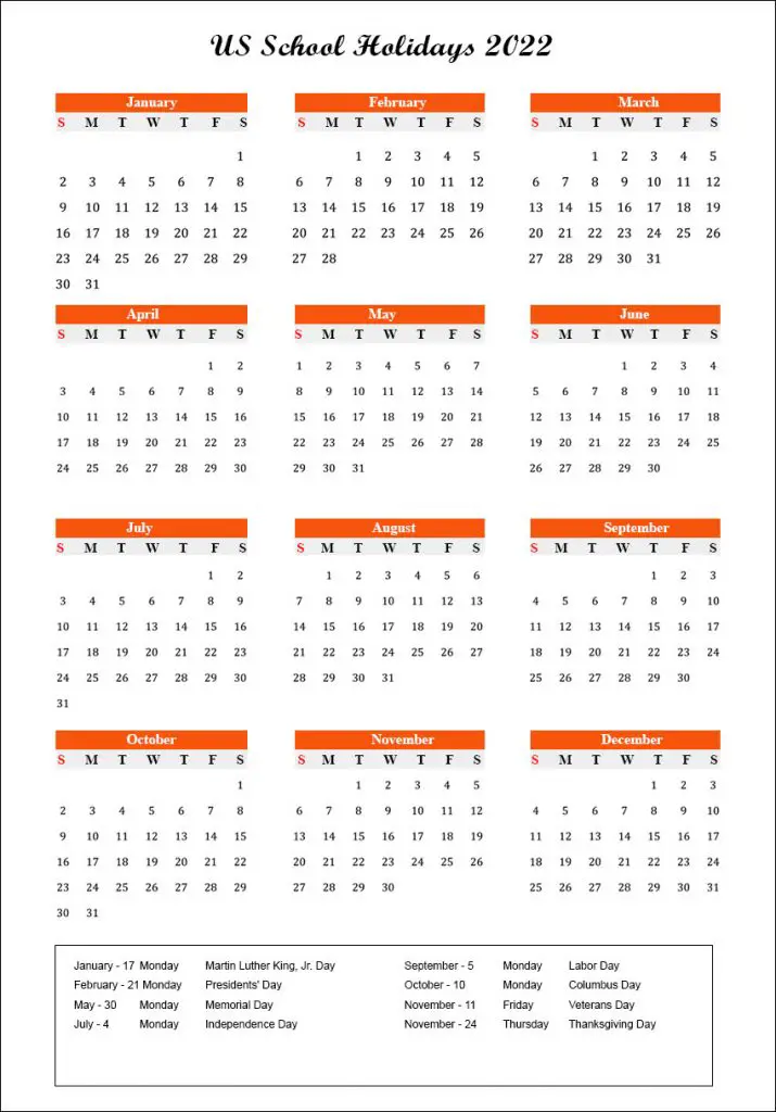 Holiday Calendar 2022 Usa Us School Holiday Calendar 2022 Archives - The Holidays Calendar
