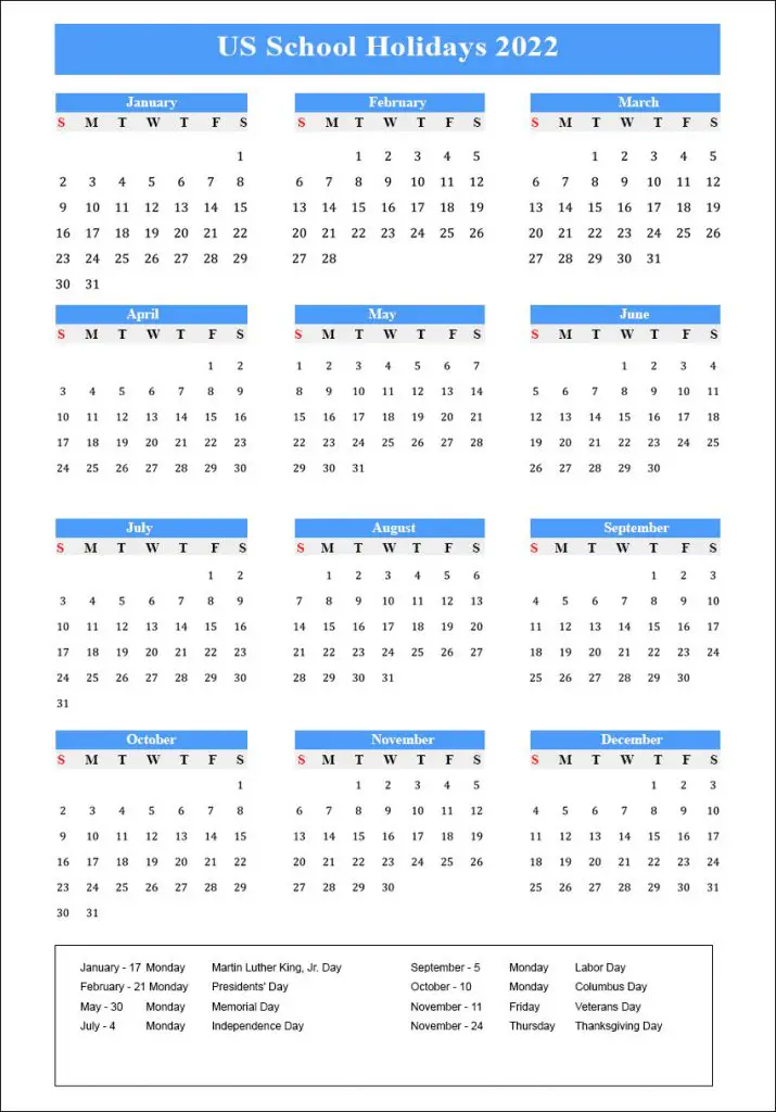 Holiday 2022 Calendar Us School Holidays 2022 Calendar | American School Holidays