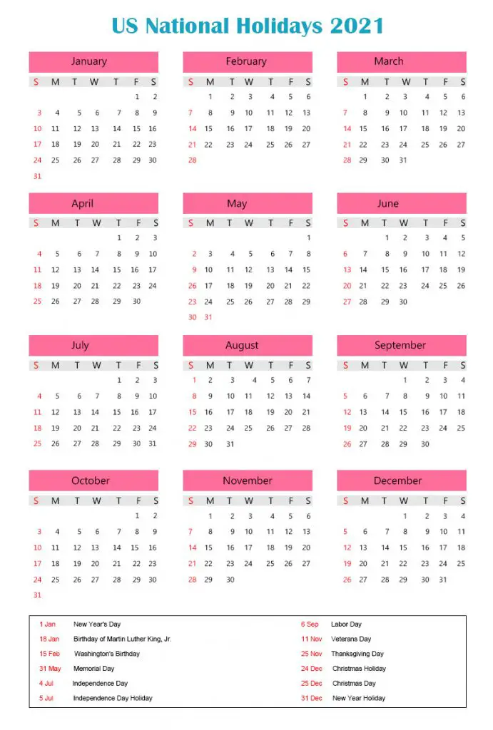 US National Holidays 2021 Calendar