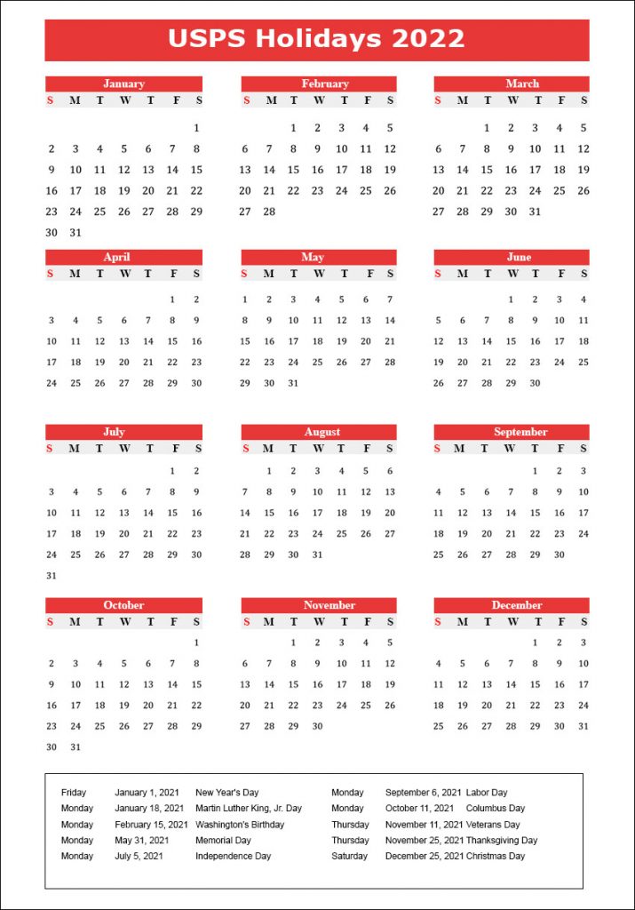 USPS Holidays 2022 USA USPS Calendar 2022 With Holidays