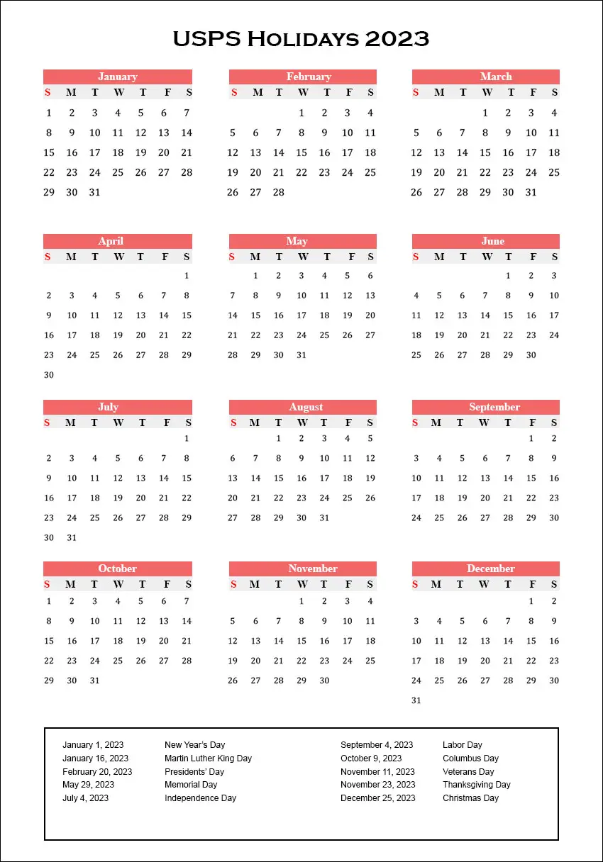 USPS Calendar 2023 With Holidays Archives The Holidays Calendar