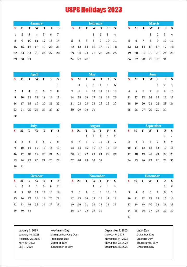 USPS Calendar 2023 with Holidays