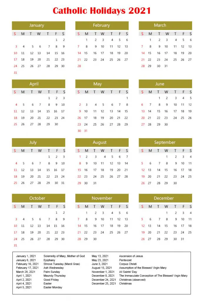 Printable Catholic Holiday 2021 Calendar