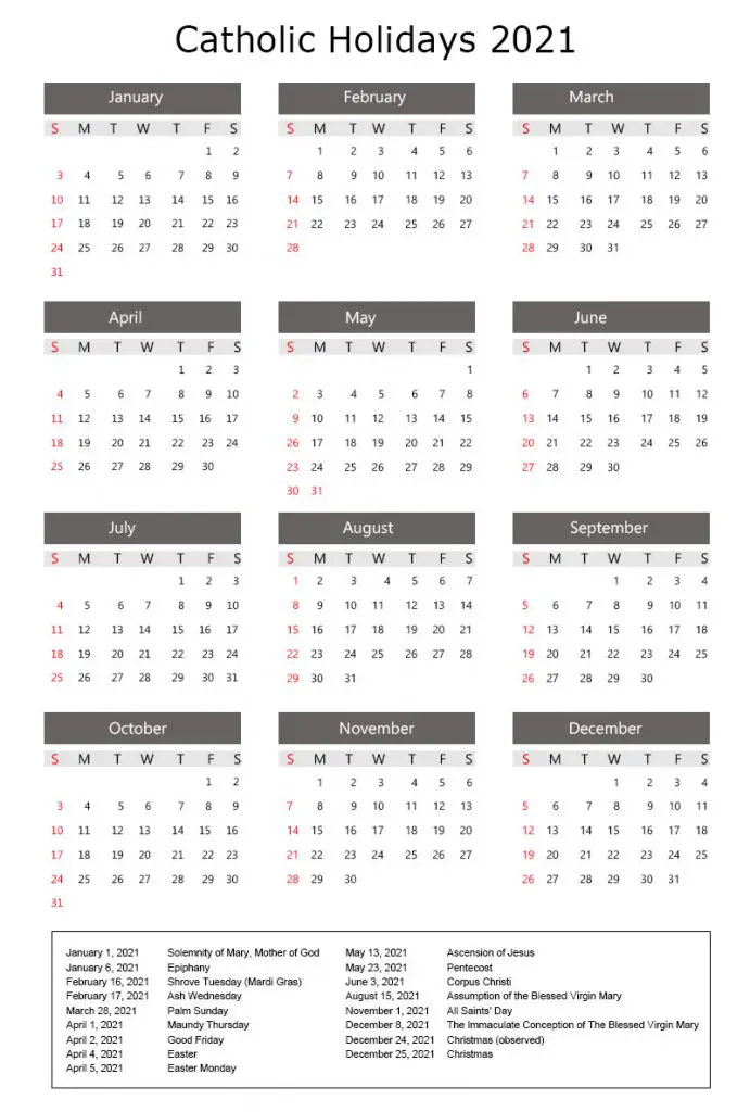 Roman Catholic Calendar 2021 with Holidays