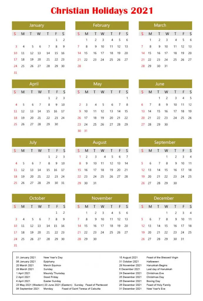 2021 calendar with christian holidays