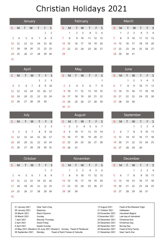 Christian Holiday Calendar 2021
