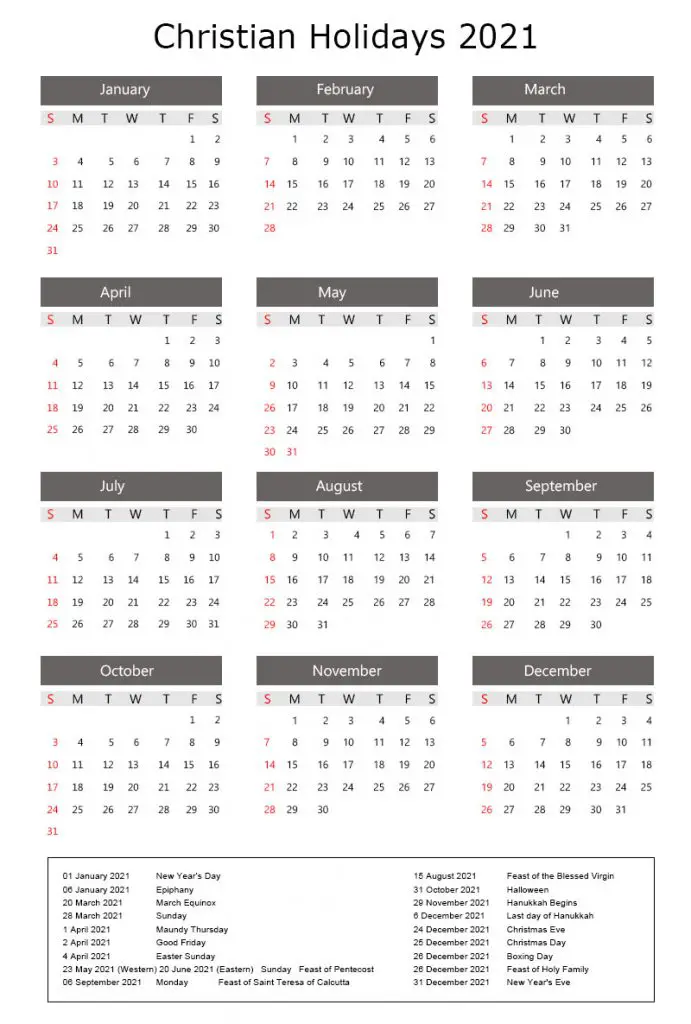 Christian Holidays 2021 With Printable Calendar In Pdf