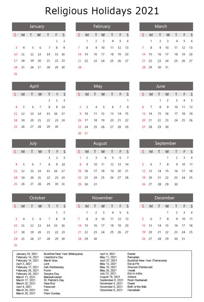 Calendar 2021 with Religious Holidays