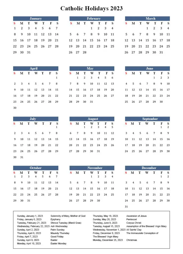 Roman Catholic Calendar 2023 with Holidays