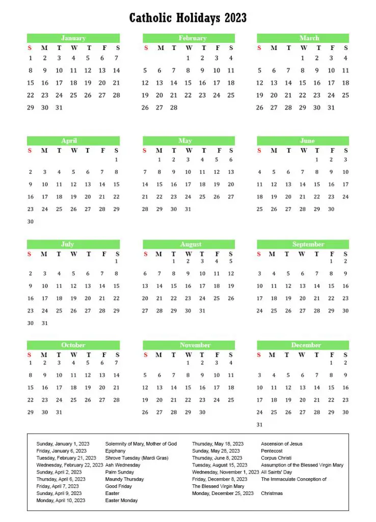 Printable Catholic Holiday 2023 Calendar