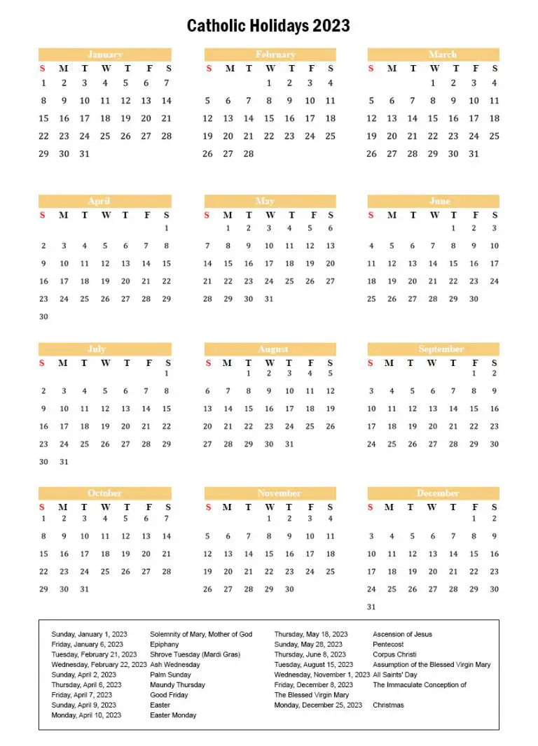 Roman Catholic Holidays 2023 with Catholic Calendar