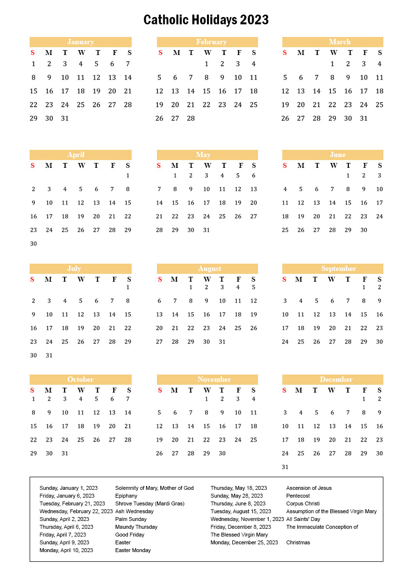 Roman Catholic Holidays 2023 with Catholic Calendar