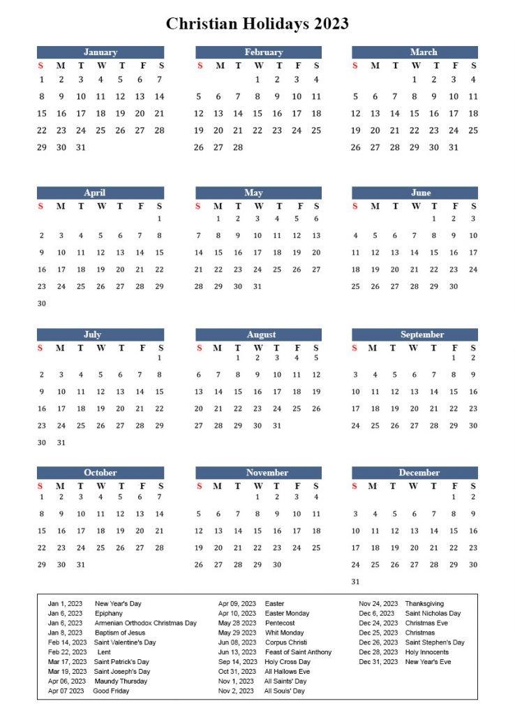 Calendar 2023 with Christian Holidays