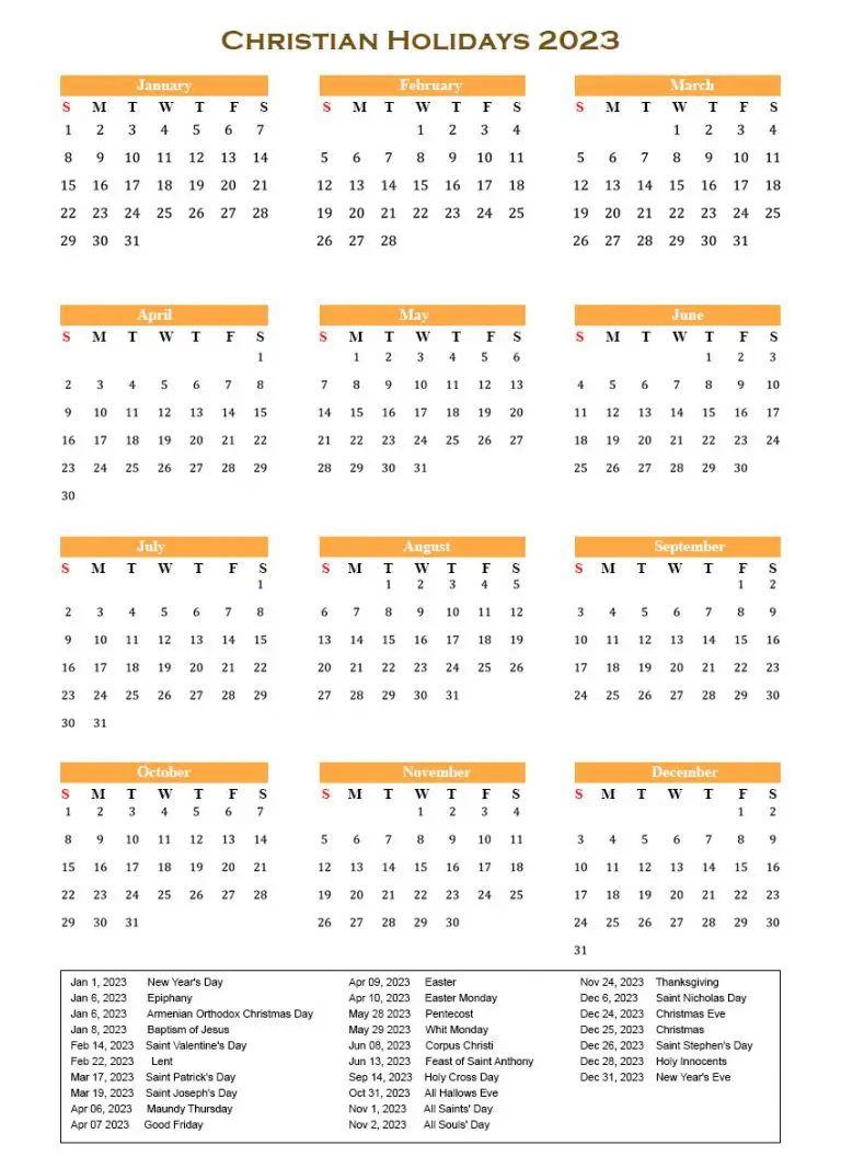 Christian Holidays 2023 with Printable Calendar in PDF