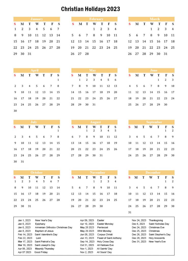 Christian Holiday Calendar 2023
